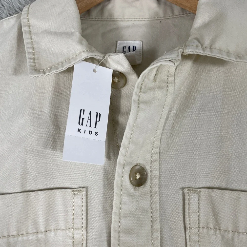 Gap Kids Button‎ Up Shirt Youth Medium 8 Cream Utility Workwear Overshirt